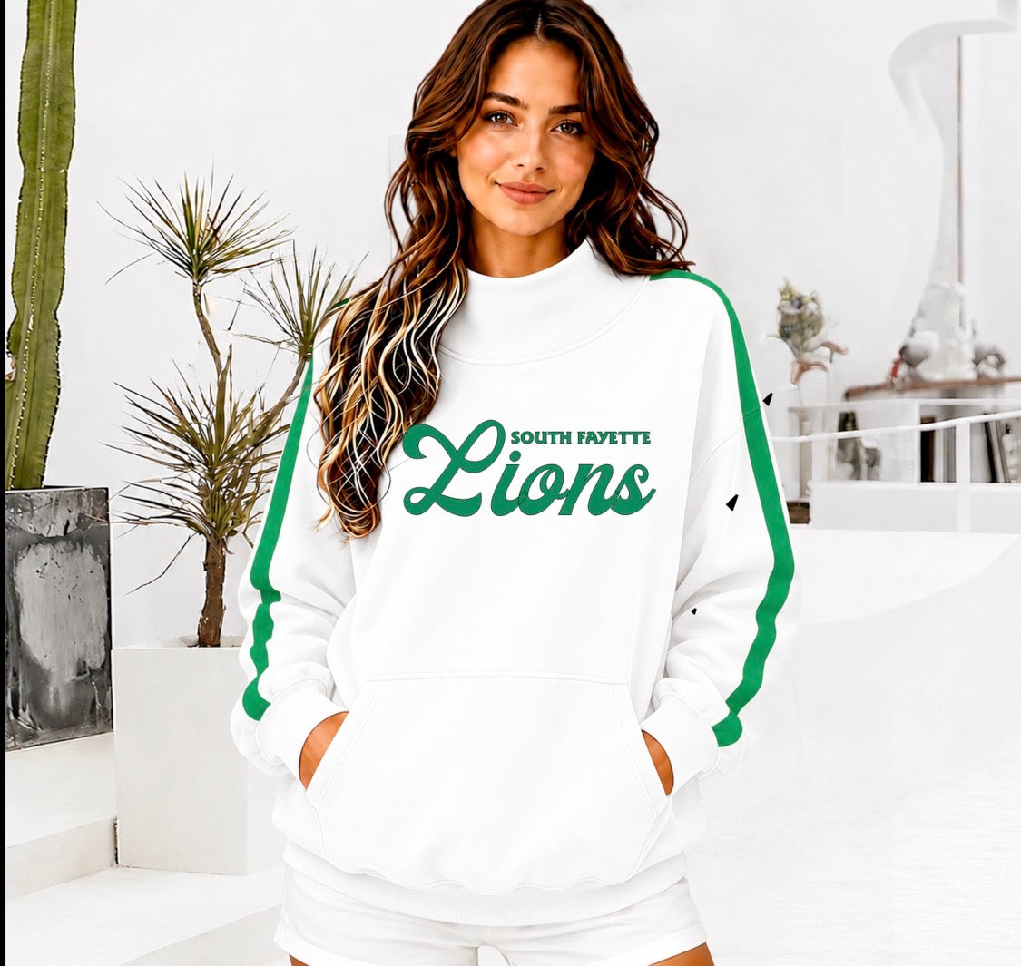 SOUTH FAYETTE LIONS Front Pocket Mock Neck Sweatshirt with Retro Arm Stripe