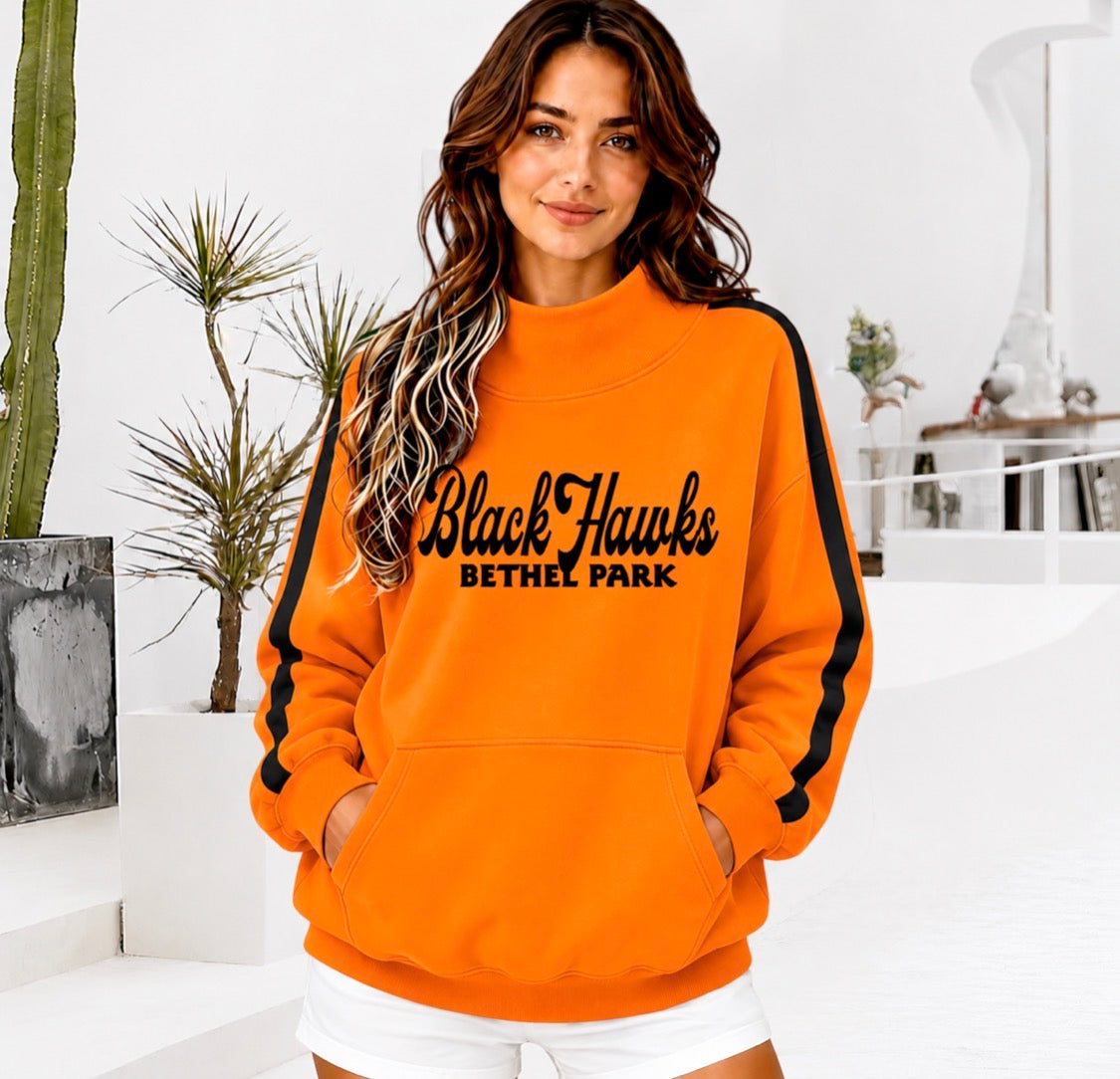 BETHEL PARK BLACK HAWKS Front Pocket Mock Neck Sweatshirt with Retro Arm Stripe