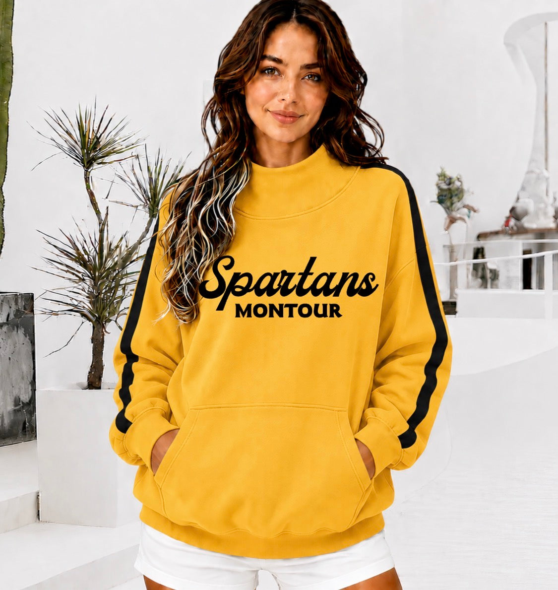 MONTOUR SPARTANS Front Pocket Mock Neck Sweatshirt with Retro Arm Stripe