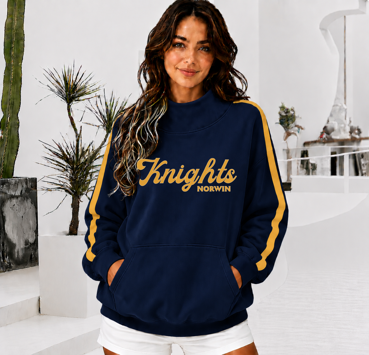 NORWIN KNIGHTS Front Pocket Mock Neck Sweatshirt with Retro Arm Stripe