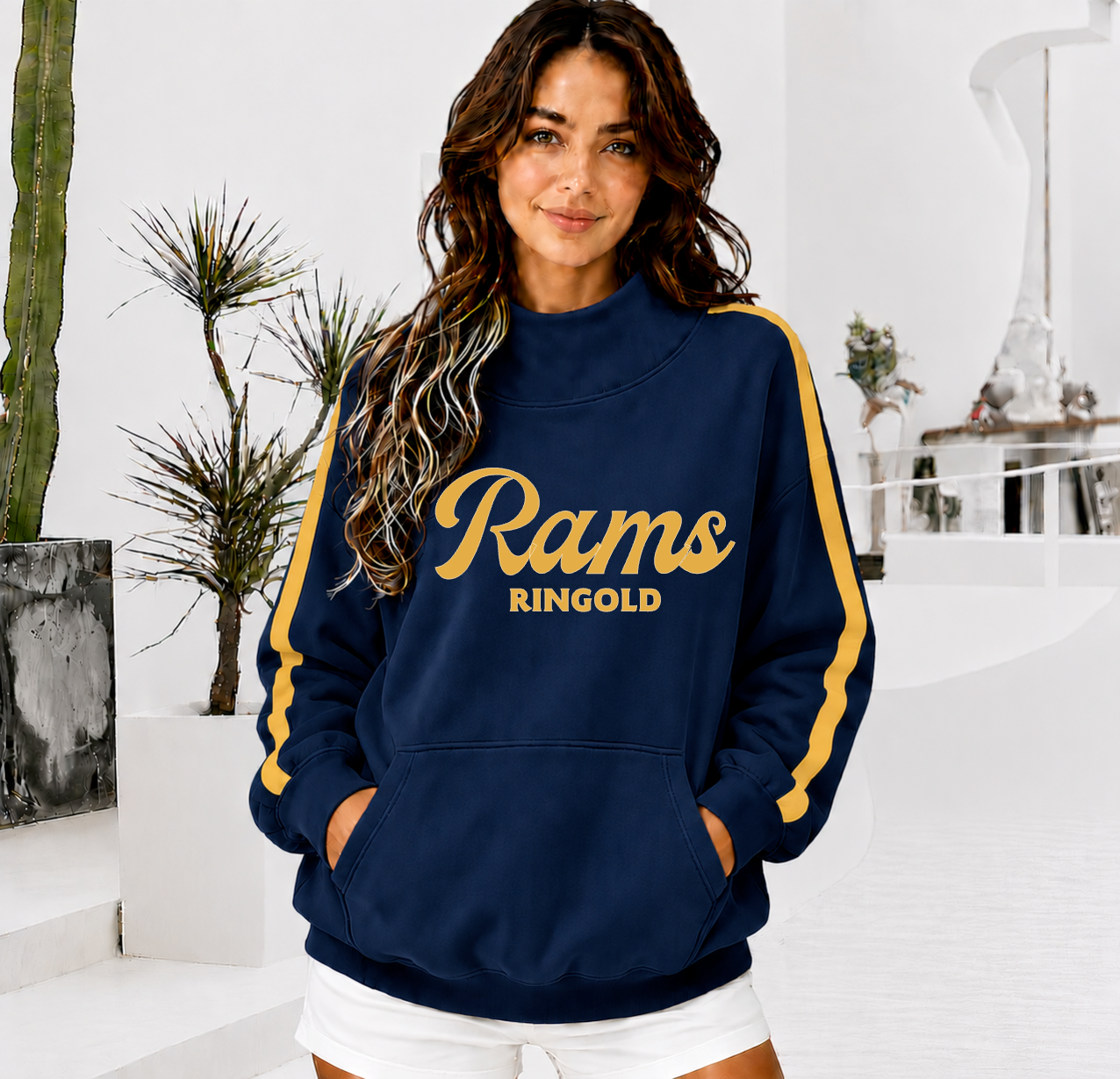 RINGOLD RAMS Front Pocket Mock Neck Sweatshirt with Retro Arm Stripe