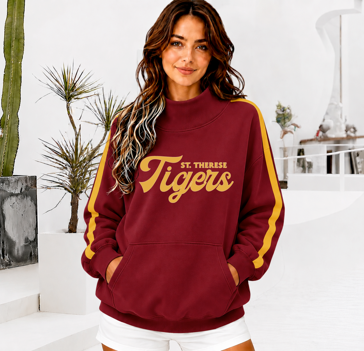 ST THERESE TIGERS Front Pocket Mock Neck Sweatshirt with Retro Arm Stripe
