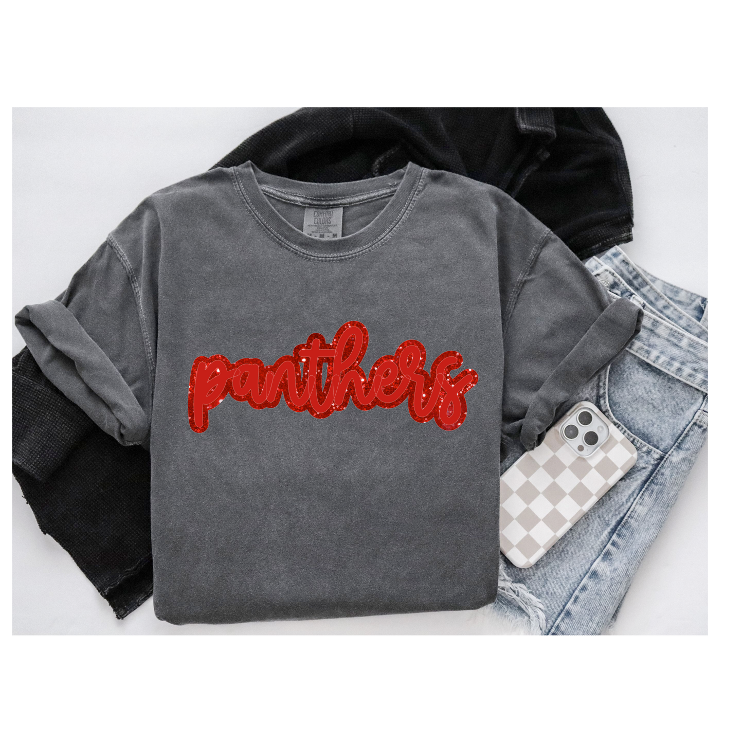 PANTHERS FAUX GLITTER PRINT T SHIRT