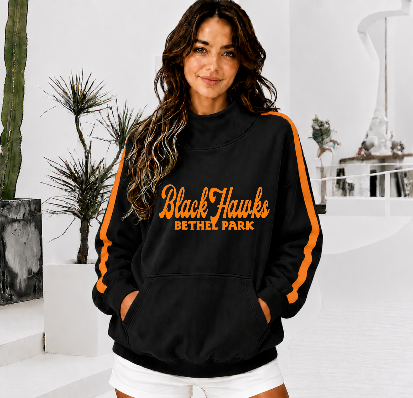 BETHEL PARK BLACK HAWKS Front Pocket Mock Neck Sweatshirt with Retro Arm Stripe