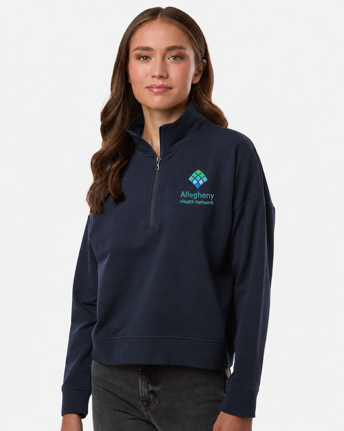 AHN WOMEN'S FIT QUARTER ZIP EMBROIDERED BUTTERY SOFT SWEATSHIRT