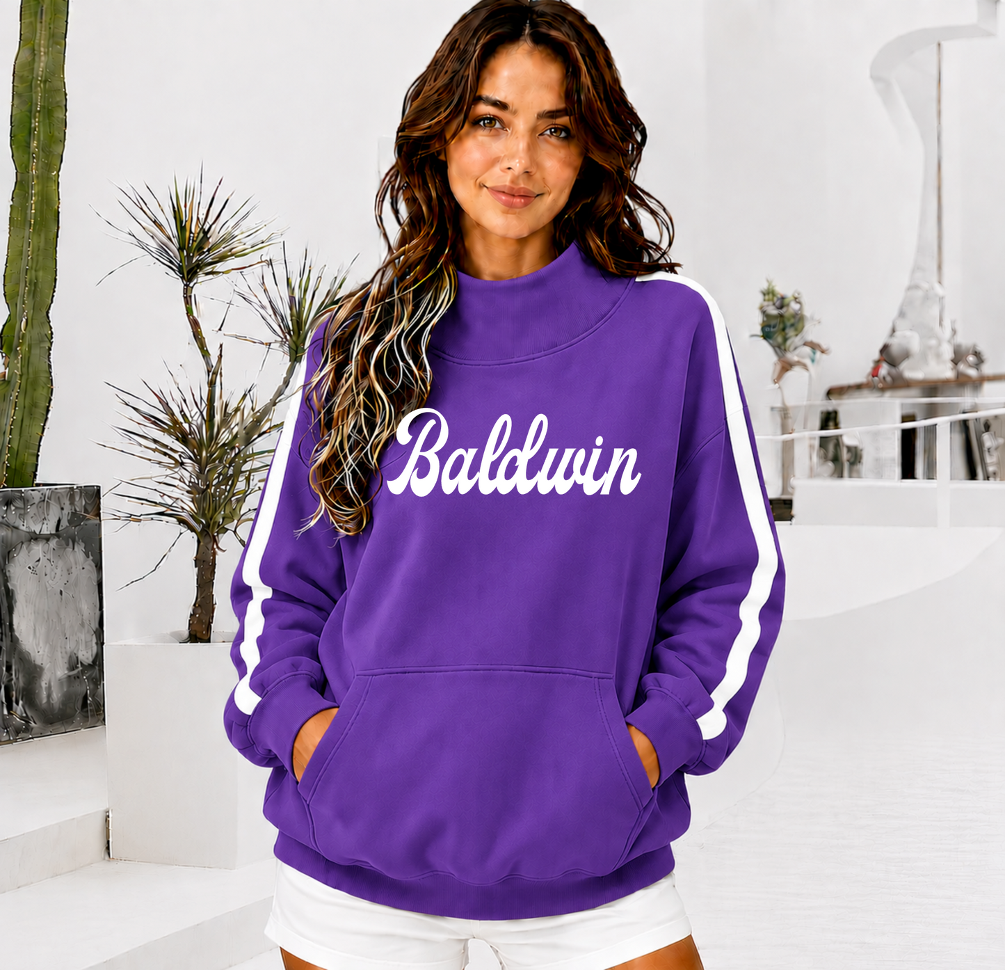 BALDWIN Front Pocket Mock Neck Sweatshirt with Retro Arm Stripe