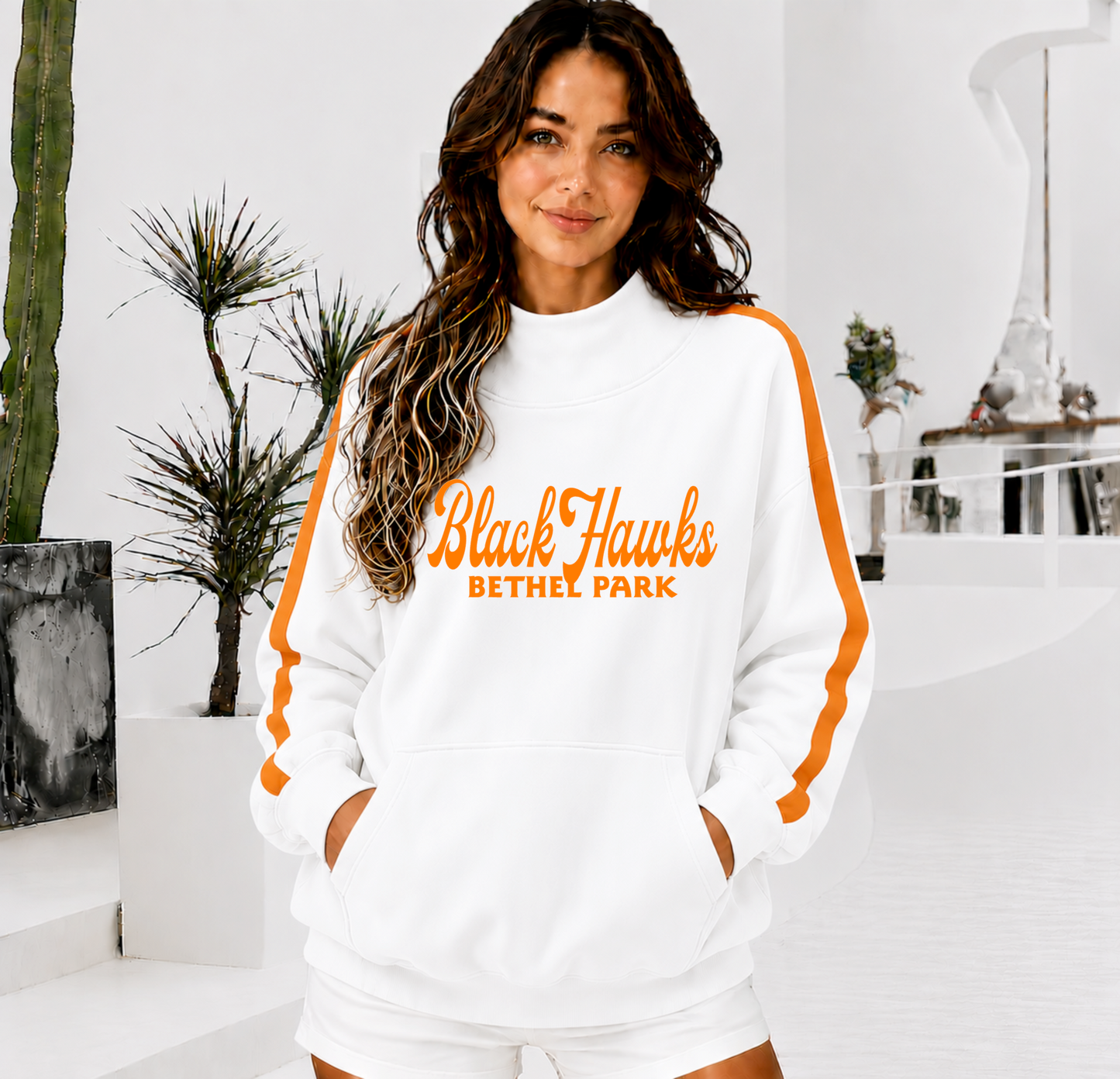 BETHEL PARK BLACK HAWKS Front Pocket Mock Neck Sweatshirt with Retro Arm Stripe