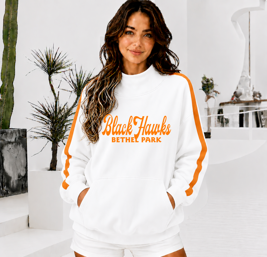 BETHEL PARK BLACK HAWKS Front Pocket Mock Neck Sweatshirt with Retro Arm Stripe