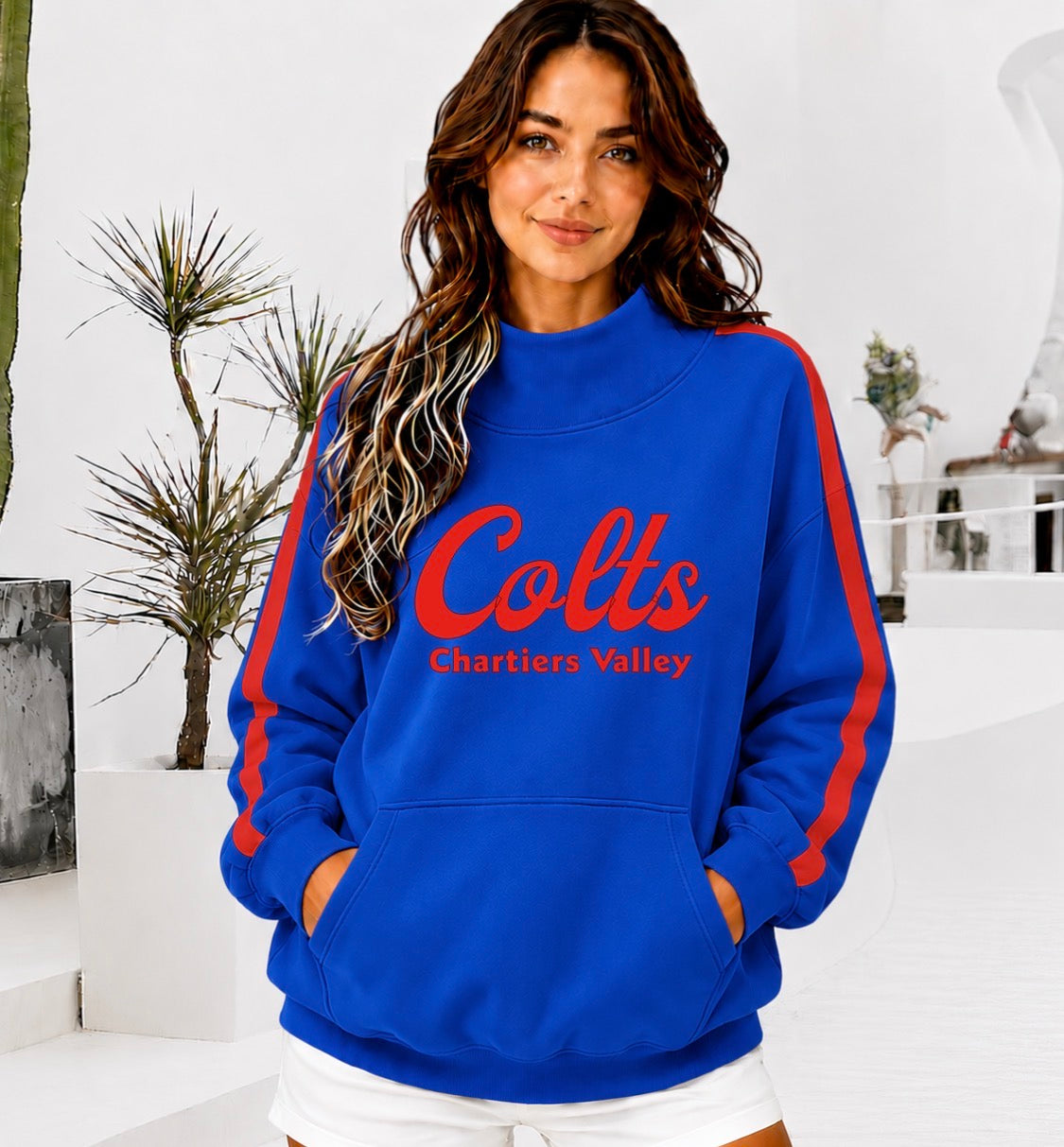 CHARTIERS VALLEY Front Pocket Mock Neck Sweatshirt with Retro Arm Stripe
