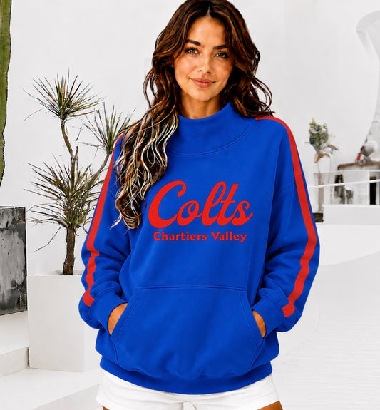 CHARTIERS VALLEY Front Pocket Mock Neck Sweatshirt with Retro Arm Stripe