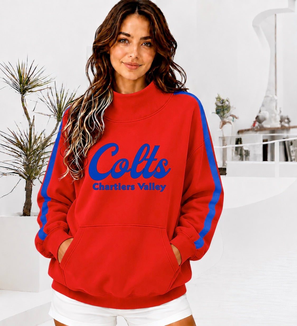CHARTIERS VALLEY Front Pocket Mock Neck Sweatshirt with Retro Arm Stripe
