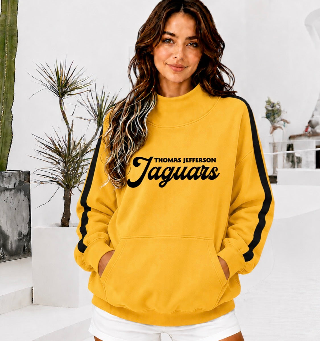 THOMAS JEFFERSON JAGUARS Front Pocket Mock Neck Sweatshirt with Retro Arm Stripe