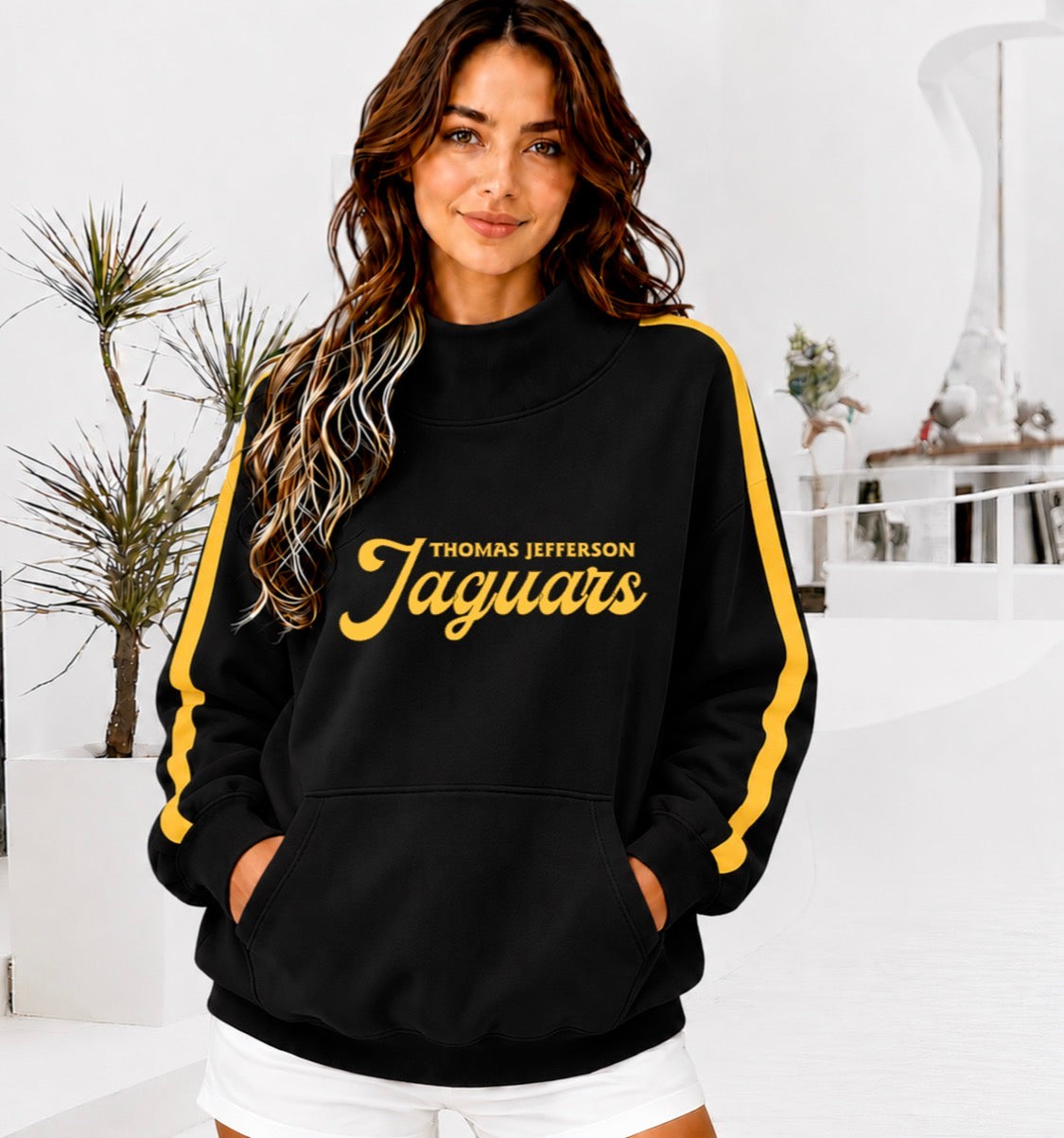THOMAS JEFFERSON JAGUARS Front Pocket Mock Neck Sweatshirt with Retro Arm Stripe