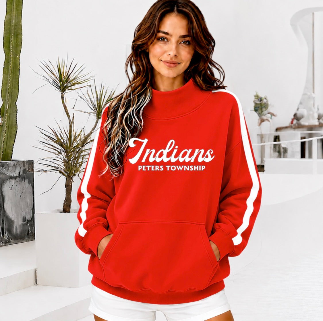 PETERS TOWNSHIP INDIANS Front Pocket Mock Neck Sweatshirt with Retro Arm Stripe