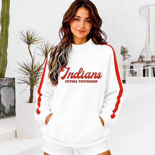 PETERS TOWNSHIP INDIANS Front Pocket Mock Neck Sweatshirt with Retro Arm Stripe