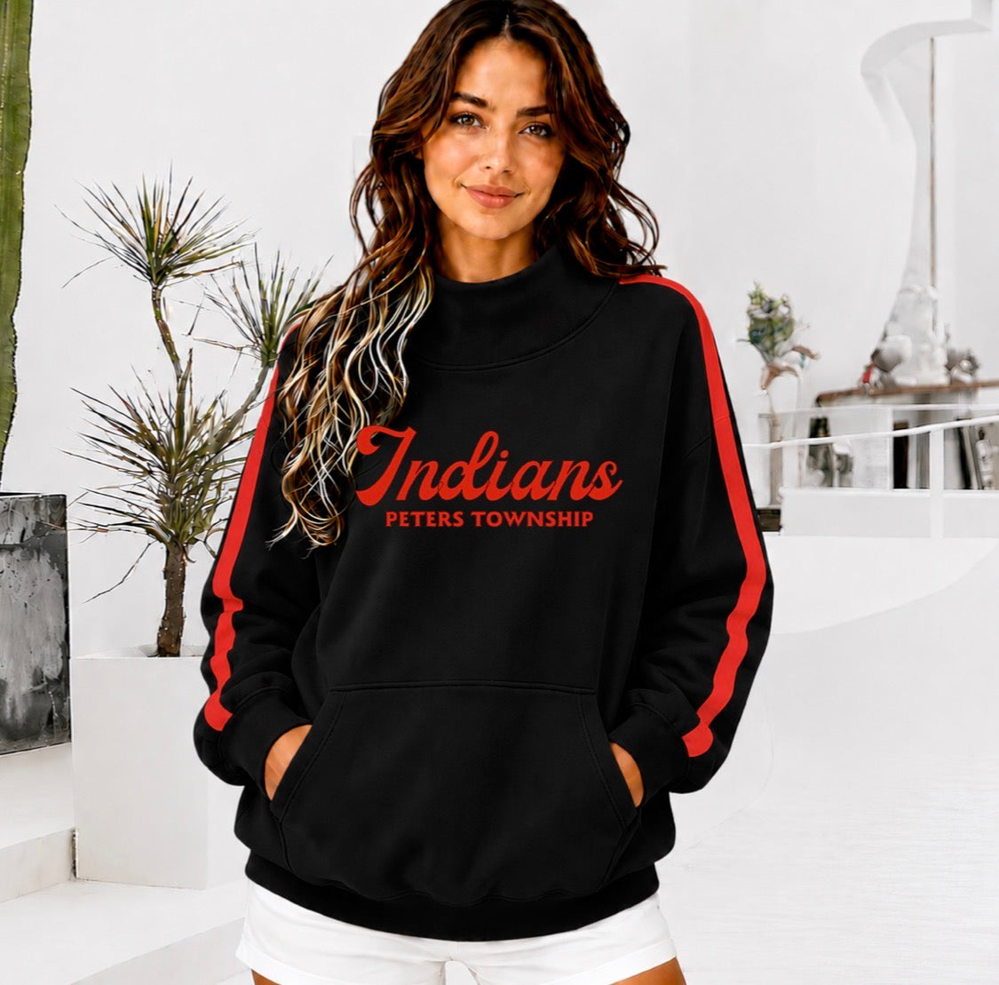 PETERS TOWNSHIP INDIANS Front Pocket Mock Neck Sweatshirt with Retro Arm Stripe