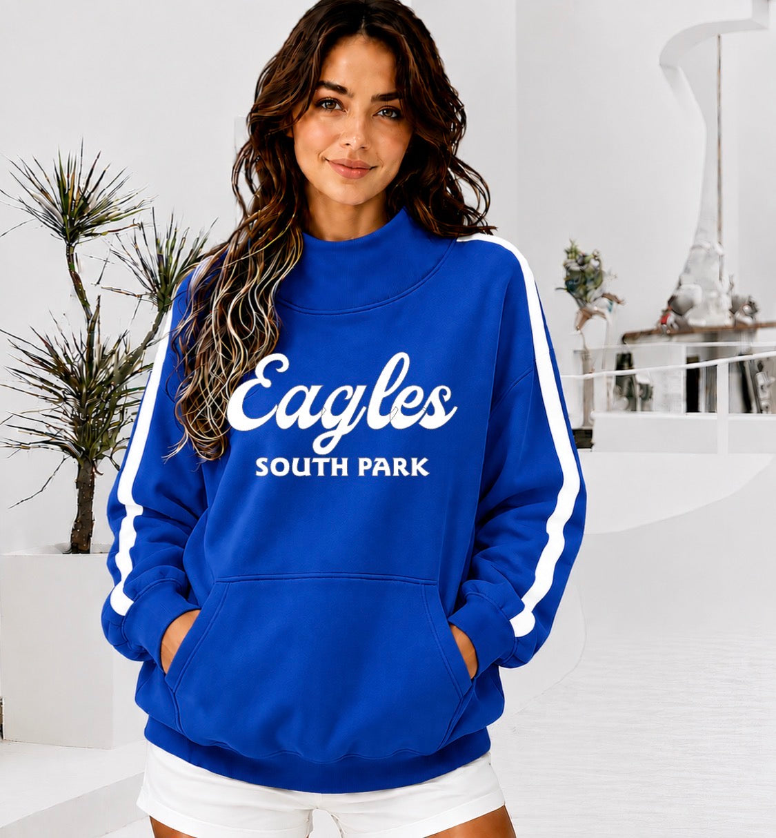 SOUTH PARK EAGLES Front Pocket Mock Neck Sweatshirt with Retro Arm Stripe