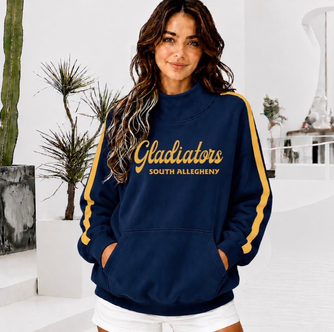 SOUTH ALLEGHENY GLADIATORS Front Pocket Mock Neck Sweatshirt with Retro Arm Stripe