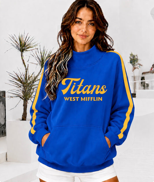 WEST MIFFLIN TITANS Front Pocket Mock Neck Sweatshirt with Retro Arm Stripe