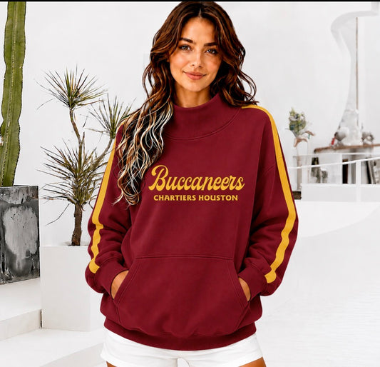 CHARTIERS HOUSTON Front Pocket Mock Neck Sweatshirt with Retro Arm Stripe