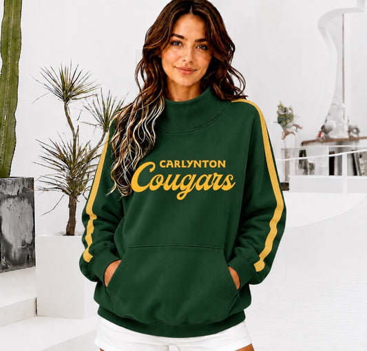CARLYNTON COUGARS Front Pocket Mock Neck Sweatshirt with Retro Arm Stripe