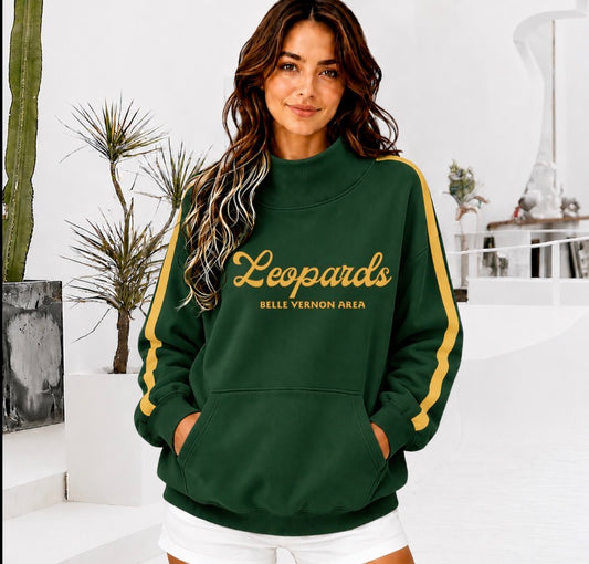 BELLE VERNON AREA LEOPARDS Front Pocket Mock Neck Sweatshirt with Retro Arm Stripe
