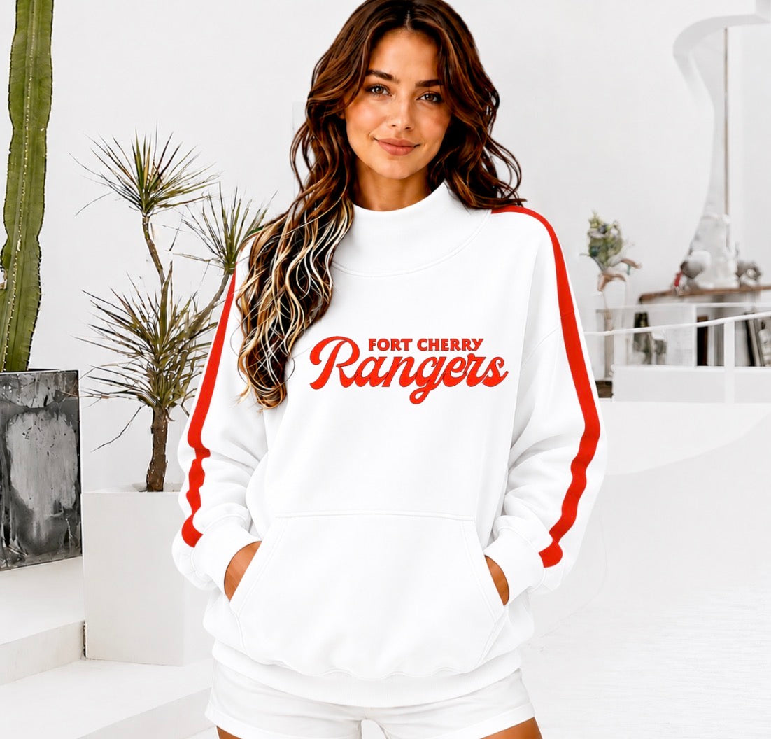 FORT CHERRY RANGERS Front Pocket Mock Neck Sweatshirt with Retro Arm Stripe