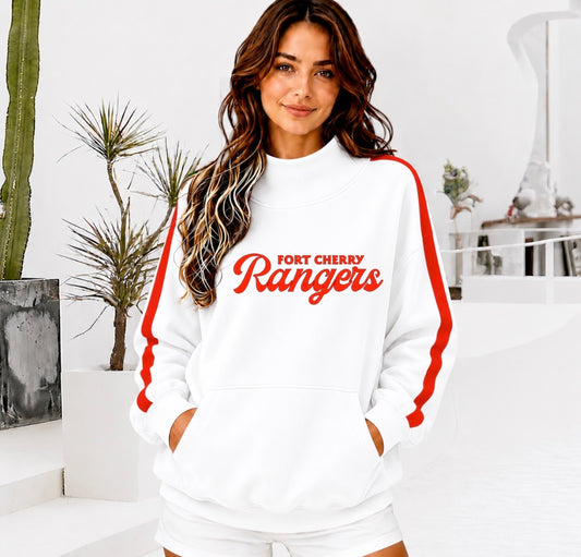 FORT CHERRY RANGERS Front Pocket Mock Neck Sweatshirt with Retro Arm Stripe