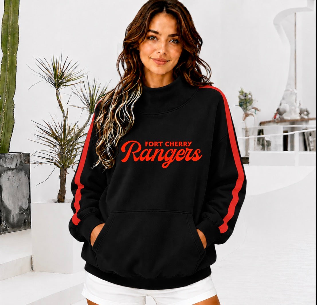 FORT CHERRY RANGERS Front Pocket Mock Neck Sweatshirt with Retro Arm Stripe