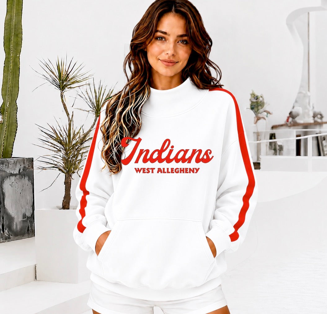 WEST ALLEGHENY INDIANS Front Pocket Mock Neck Sweatshirt with Retro Arm Stripe