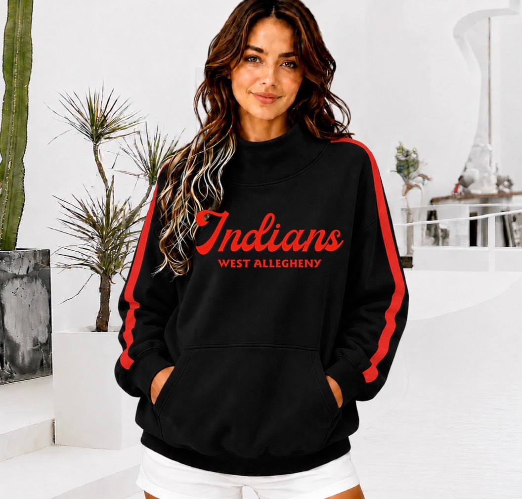 WEST ALLEGHENY INDIANS Front Pocket Mock Neck Sweatshirt with Retro Arm Stripe