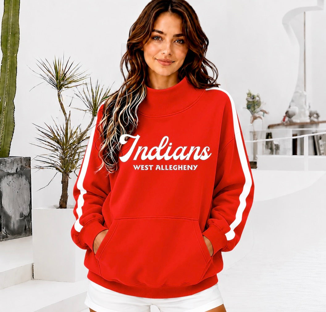 WEST ALLEGHENY INDIANS Front Pocket Mock Neck Sweatshirt with Retro Arm Stripe