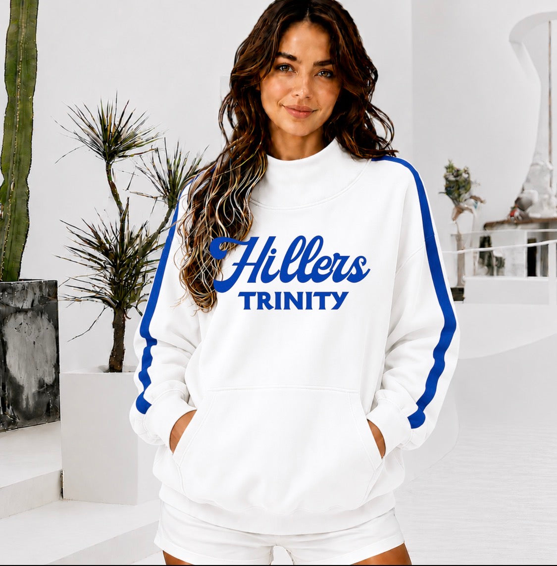 TRINITY HILLERS Front Pocket Mock Neck Sweatshirt with Retro Arm Stripe