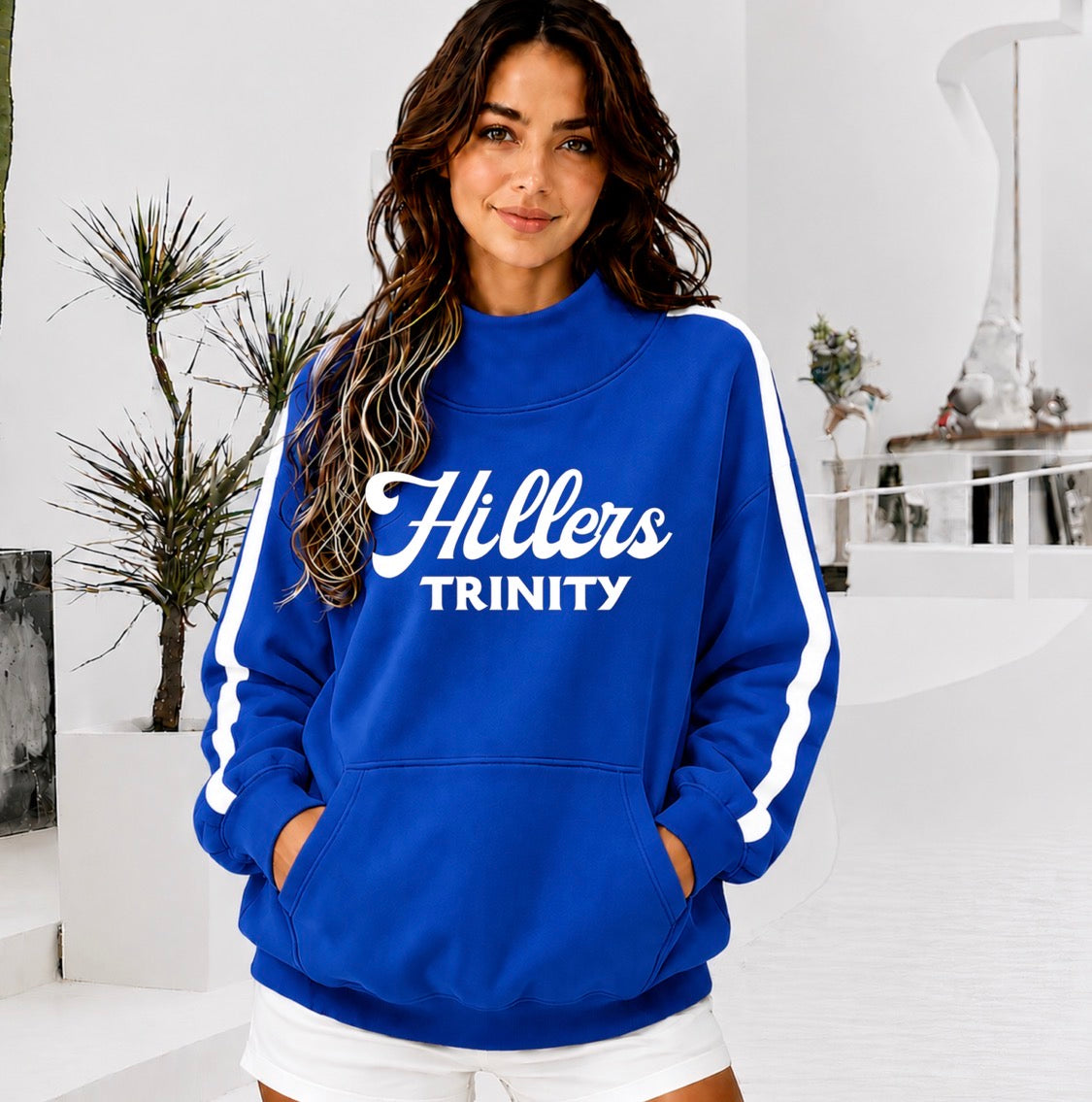 TRINITY HILLERS Front Pocket Mock Neck Sweatshirt with Retro Arm Stripe