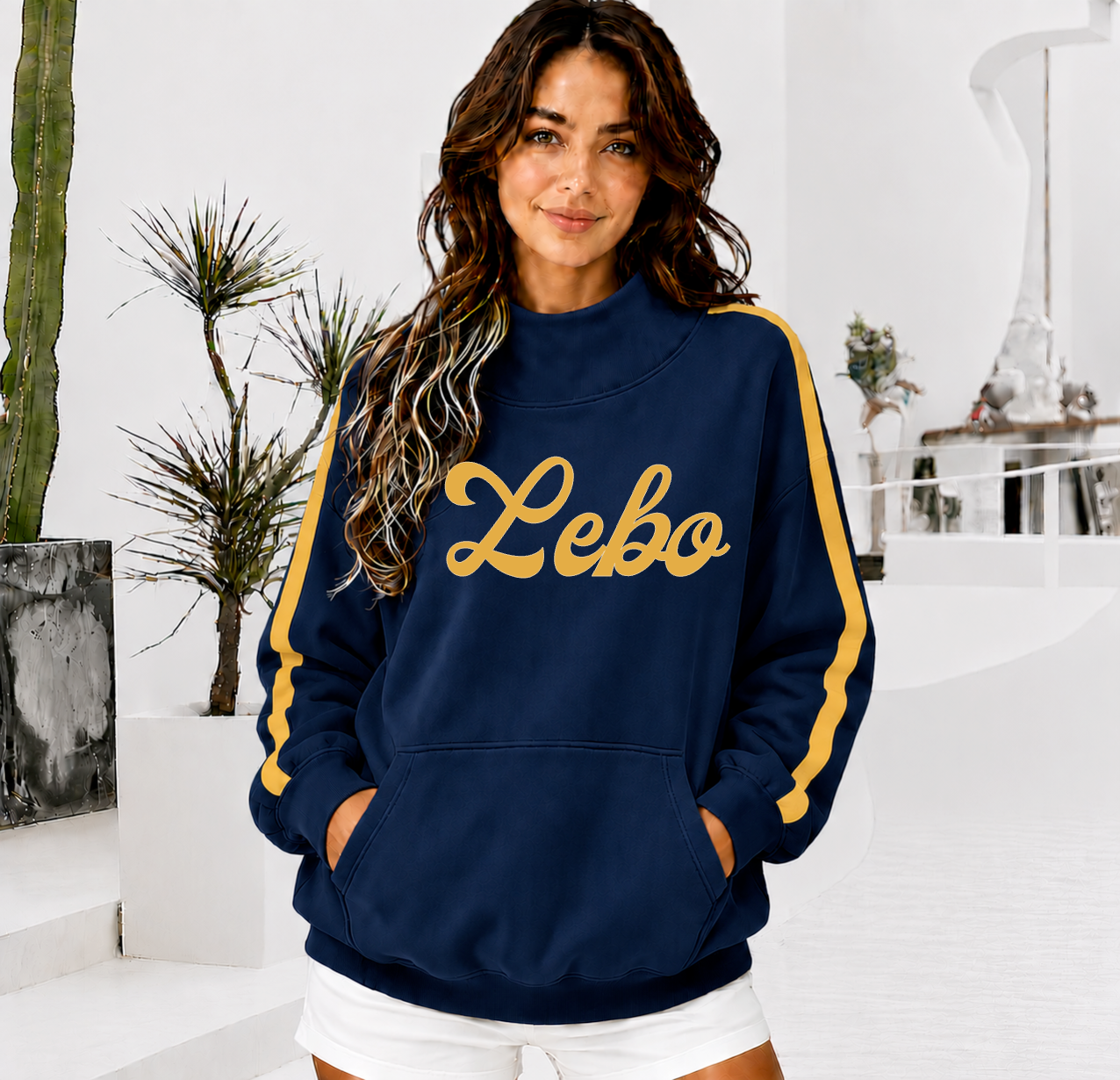 MT LEBANON Front Pocket Mock Neck Sweatshirt with Retro Arm Stripe