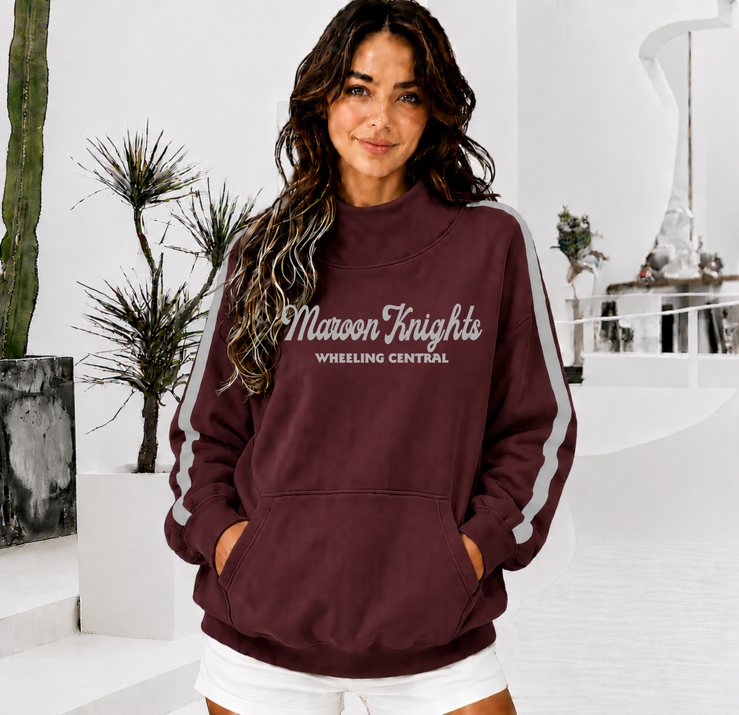 WHEELING CENTRAL MAROON KNIGHTS Front Pocket Mock Neck Sweatshirt with Retro Arm Stripe