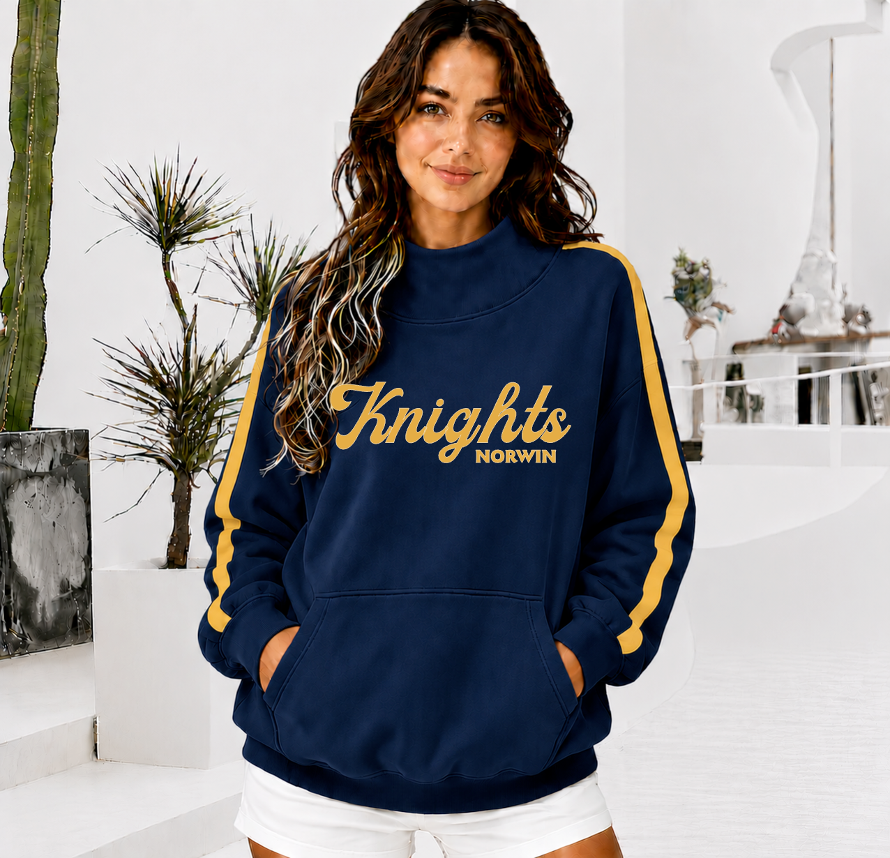NORWIN KNIGHTS Front Pocket Mock Neck Sweatshirt with Retro Arm Stripe
