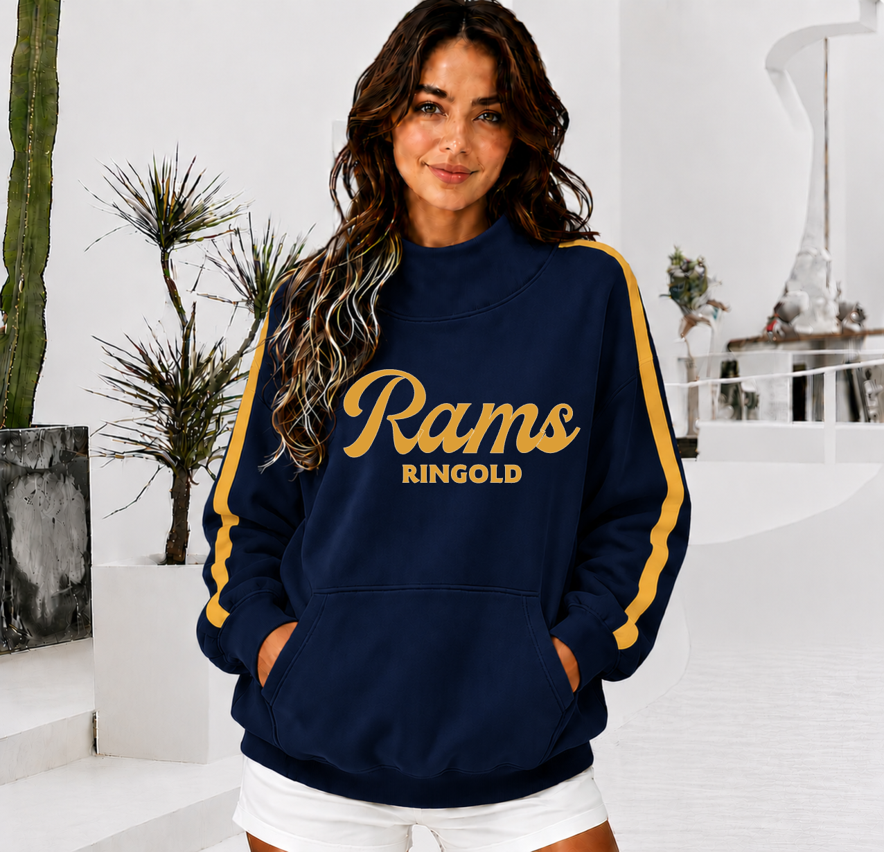 RINGOLD RAMS Front Pocket Mock Neck Sweatshirt with Retro Arm Stripe