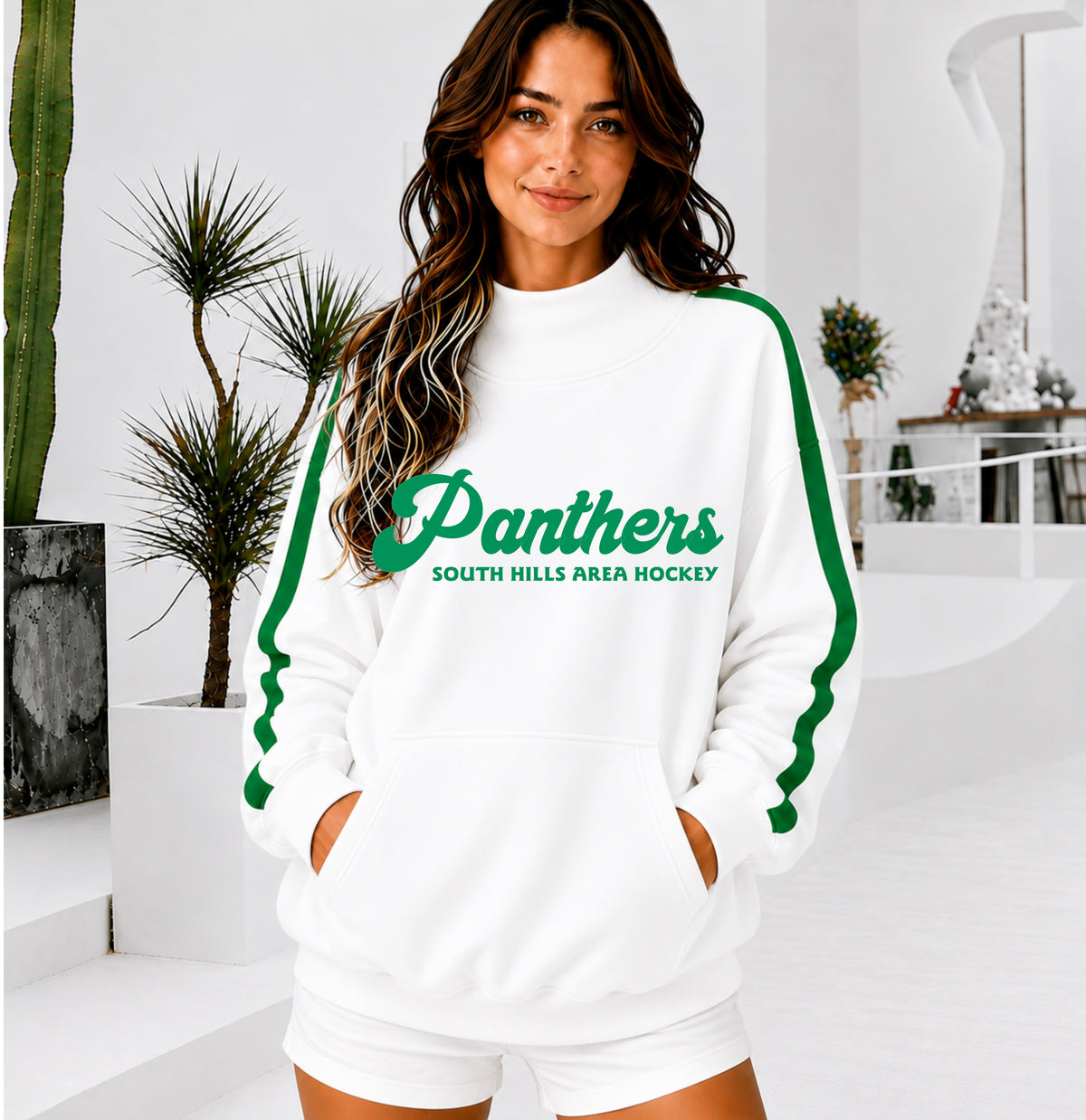 SHAHA PANTHERS Front Pocket Mock Neck Sweatshirt with Retro Arm Stripe