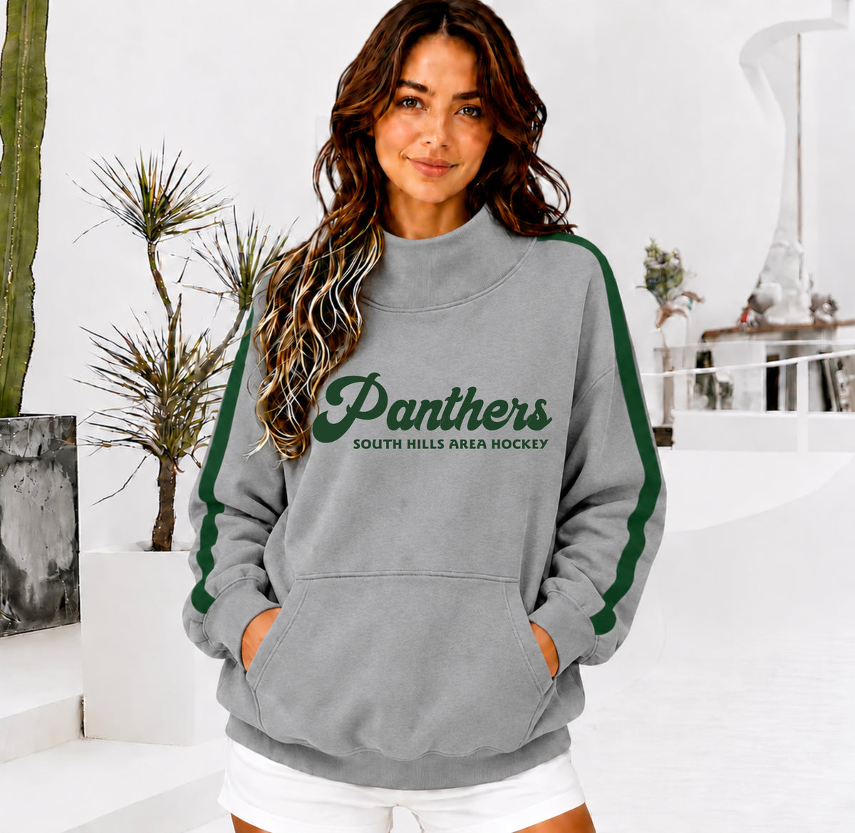 SHAHA PANTHERS Front Pocket Mock Neck Sweatshirt with Retro Arm Stripe