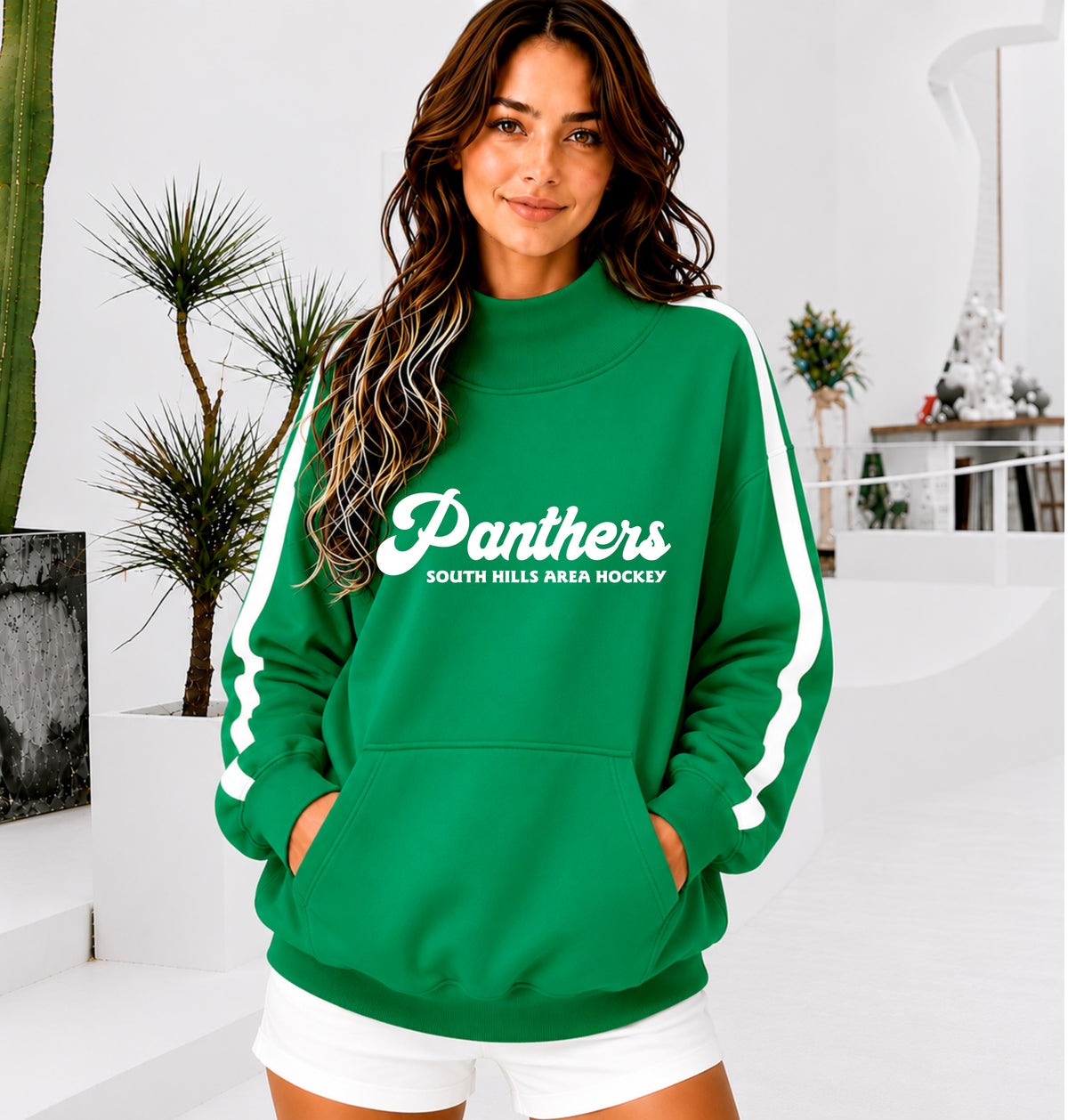 SHAHA PANTHERS Front Pocket Mock Neck Sweatshirt with Retro Arm Stripe