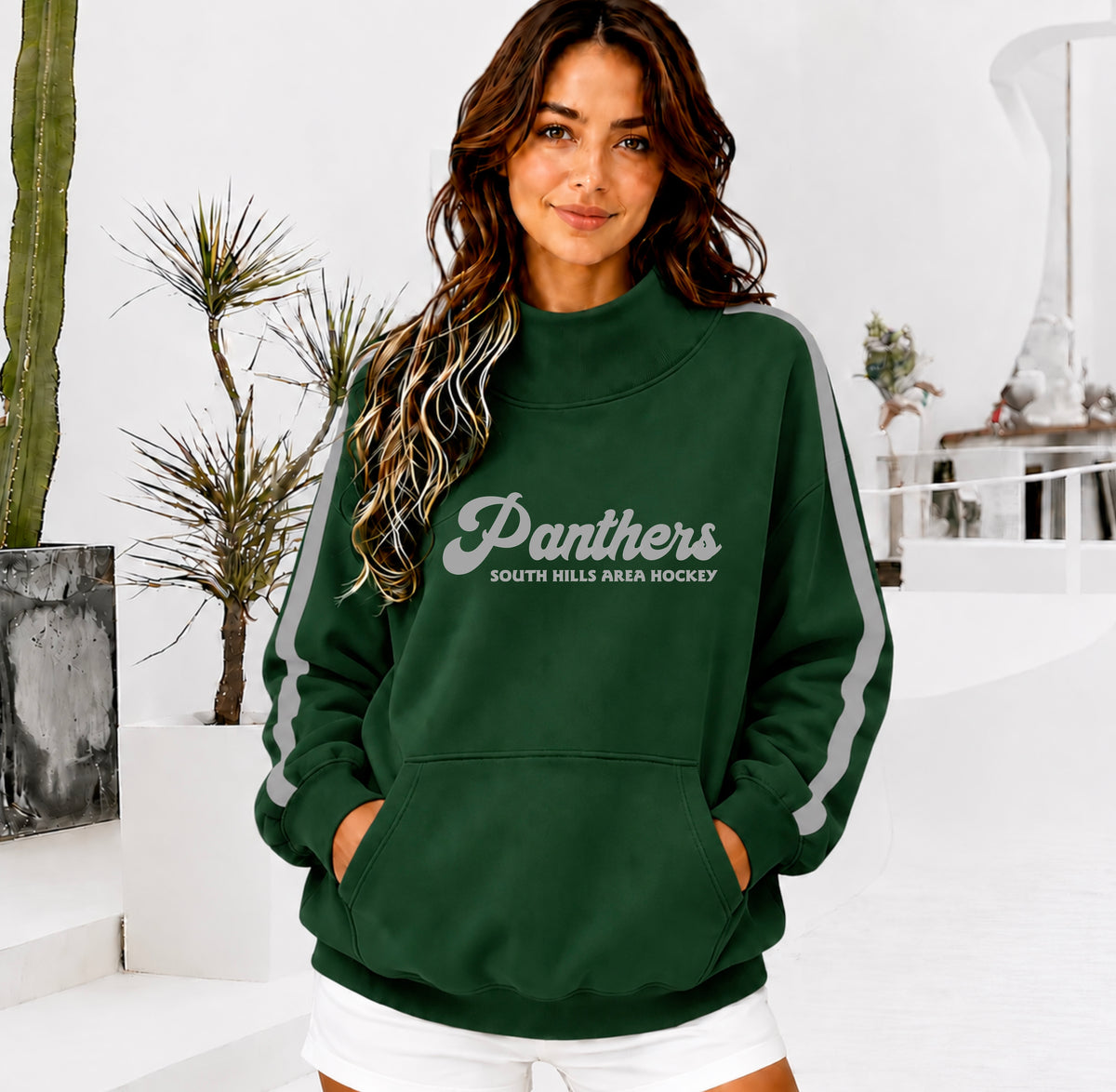 SHAHA PANTHERS Front Pocket Mock Neck Sweatshirt with Retro Arm Stripe