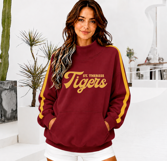 ST THERESE TIGERS Front Pocket Mock Neck Sweatshirt with Retro Arm Stripe