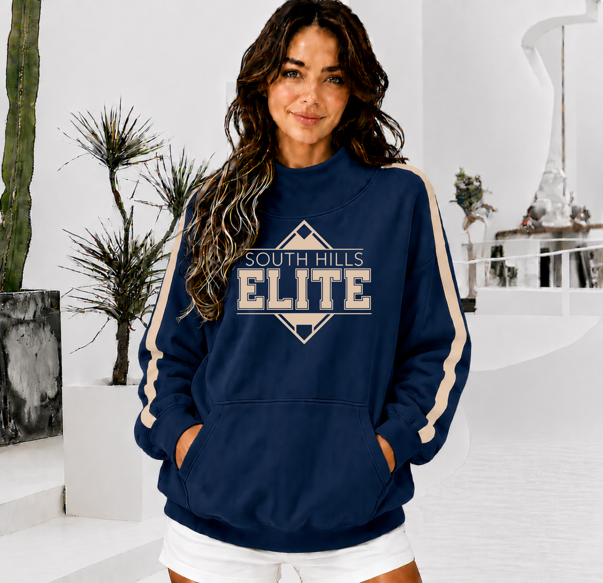 SOUTH HILLS ELITE Front Pocket Mock Neck Sweatshirt with Retro Arm Stripe