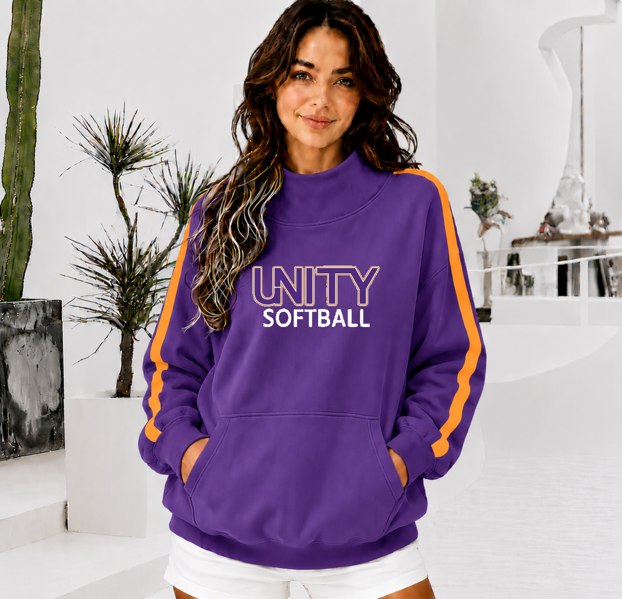 UNITY CLUB SOFTBALL Front Pocket Mock Neck Sweatshirt with Retro Arm Stripe