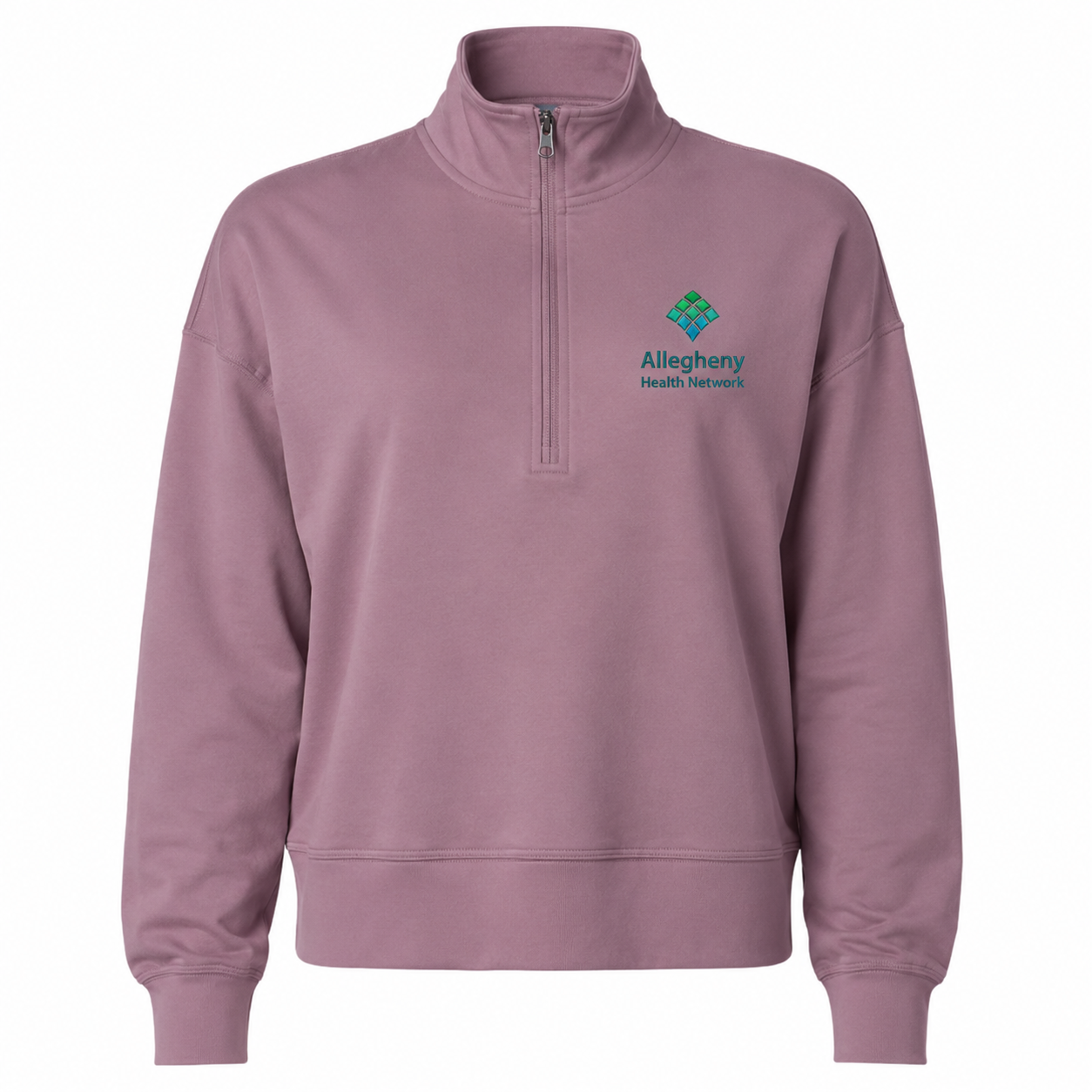 AHN WOMEN'S FIT QUARTER ZIP EMBROIDERED BUTTERY SOFT SWEATSHIRT